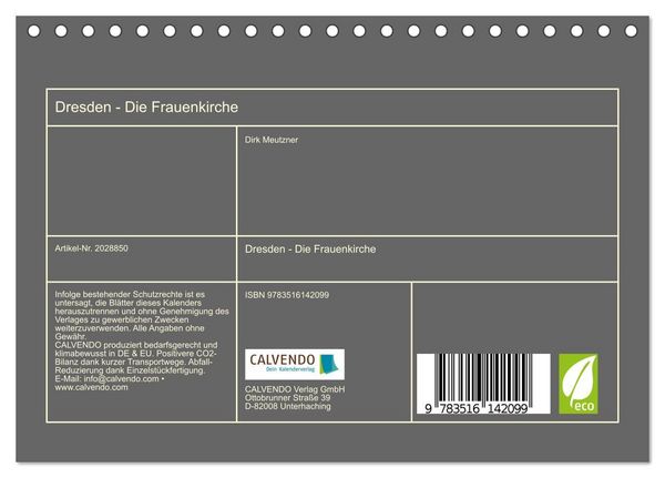 Produktbild: Dresden - Die Frauenkirche (Tischkalender 2026 DIN A5 quer), CALVENDO Monatskalender