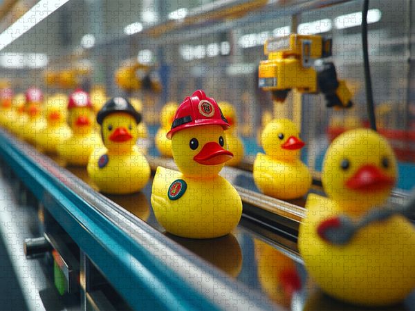 Produktbild: CALVENDO Puzzle Berufs-Badeenten auf der Produktionslinie - Quietscheenten im Berufs-Outfit | 1000 Teile Lege-Gr&ouml;&szlig;e 64x48cm Foto-Puzzle f&uuml;r gl&uuml;ckliche