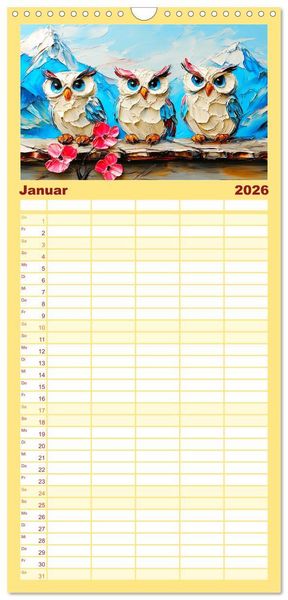 Produktbild: Familienplaner 2026 - Eulen. Entz&uuml;ckende Paintings mit 5 Spalten (Wandkalender, 21 x 45 cm) CALVENDO