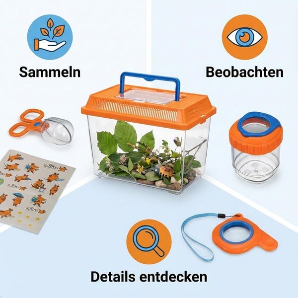 Produktbild: Bresser 11040 - DieMaus Outdoor-Set mit Terrarium, Kescher, Lupe, Lupendose, Sammelwerkzeug, Aufkleber