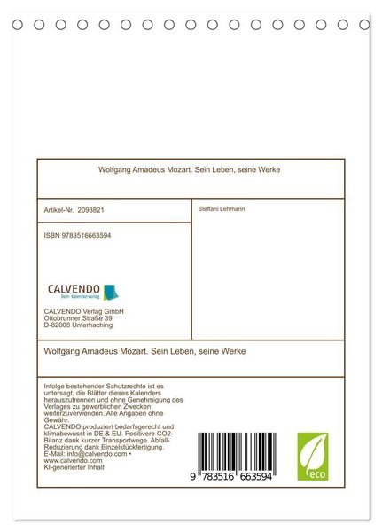 Produktbild: Wolfgang Amadeus Mozart. Sein Leben, seine Werke (Tischkalender 2026 DIN A5 hoch), CALVENDO Monatskalender