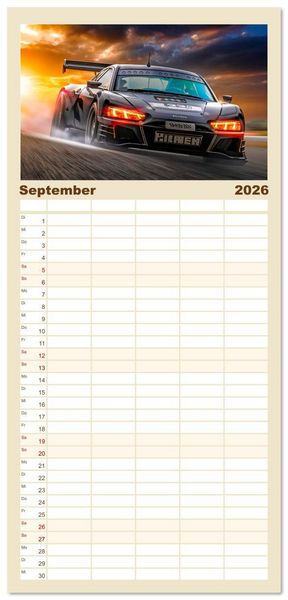 Produktbild: Familienplaner 2026 - Fantasievolle Rennautos - Im Rausch der Geschwindigkeit mit 5 Spalten (Wandkalender, 21 x 45 cm) CALVENDO