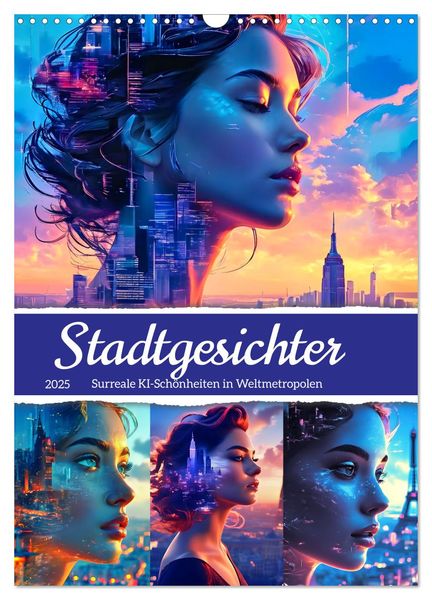 Stadtgesichter - Surreale KI-Schönheiten in Weltmetropolen (Wandkalender 2025 DIN A3 hoch), CALVENDO Monatskalender