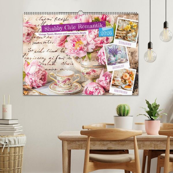 Produktbild: Shabby Chic Romantik - Vintage Tassen, Blumen und nostalgische Briefe (Wandkalender 2026 DIN A2 quer), CALVENDO Monatskalender