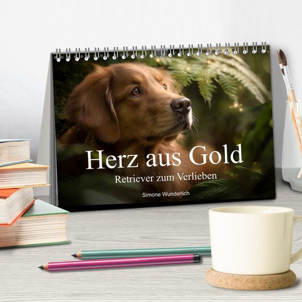 Produktbild: Herz aus Gold - Retriever zum Verlieben (Tischkalender 2026 DIN A5 quer), CALVENDO Monatskalender