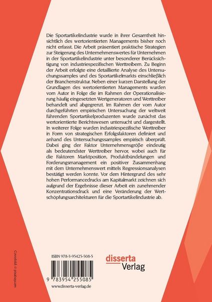 Produktbild: Wertorientiertes Management in der Sportartikelindustrie unter besonderer Ber&uuml;cksichtigung von industriespezifischen Werttreibern