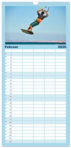 Produktbild: Familienplaner 2026 - Kitesurfen - &uuml;ber den Wellen mit 5 Spalten (Wandkalender, 21 x 45 cm) CALVENDO