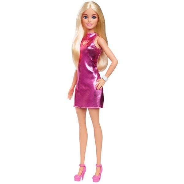 Produktbild: Barbie Fashionista Puppe im pinken Metallic-Kleid mit Herz-Aussparung