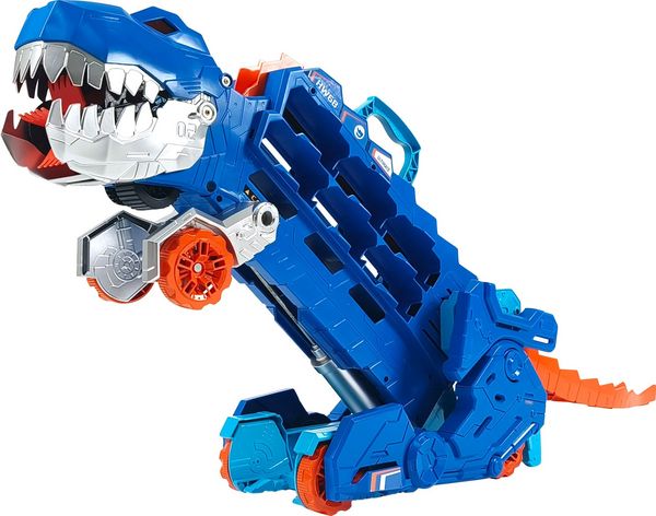 Produktbild: Der Hot Wheels City Ultimative Transporter verwandelt sich in einen T-Rex mit Rennstrecke, Aufbewahrung von mehr als 20 Autos