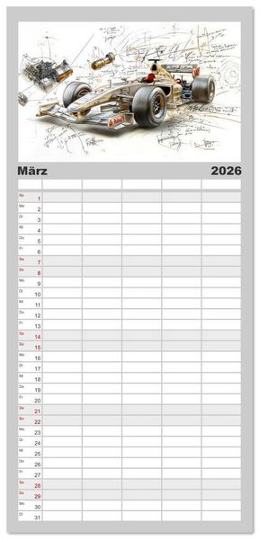 Produktbild: Familienplaner 2026 - Rennwagen - Design Studien mit 5 Spalten (Wandkalender, 21 x 45 cm) CALVENDO