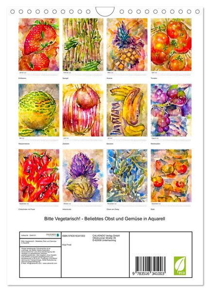 Produktbild: Bitte Vegetarisch! - Beliebtes Obst und Gem&uuml;se in Aquarell (Wandkalender 2026 DIN A4 hoch), CALVENDO Monatskalender