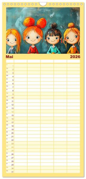 Produktbild: Familienplaner 2026 - Fr&ouml;hliche Kinder. Bezaubernde Schulm&auml;dchen im &Ouml;lbilder-Stil mit 5 Spalten (Wandkalender, 21 x 45 cm) CALVENDO