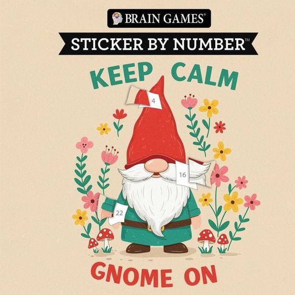 Brain Games - Sticker by Number Compact Edition: Keep Calm Gnome on 7x7 Inches Fun Gift for Gnome Lovers, Travel Size Activity Book for Adults & Kids,