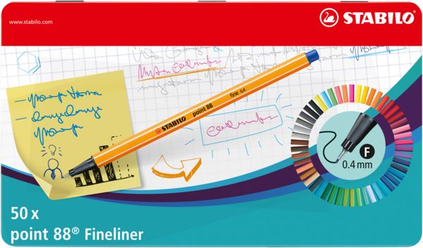 Produktbild: STABILO Fineliner -   point 88 - 50er Metalletui - mit 47 verschiedenen Farben - 2x blau, rot, schwarz