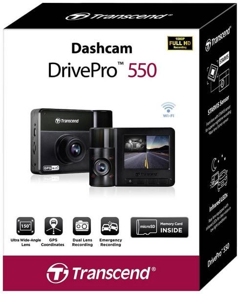 Produktbild: Transcend DrivePro 550B Dashcam mit GPS Blickwinkel horizontal max.=150 &deg; 12 V, 24 V WLAN, Akku, Innenraumkamera