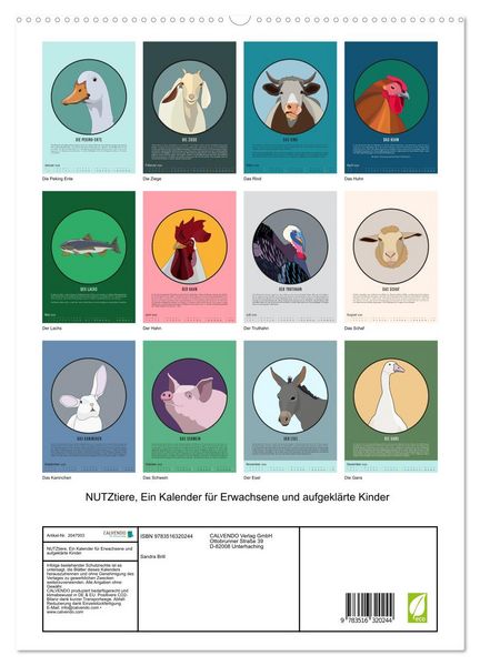 Produktbild: NUTZtiere, Ein Kalender f&uuml;r Erwachsene und aufgekl&auml;rte Kinder (hochwertiger Premium Wandkalender 2026 DIN A2 hoch), Kunstdruck in Hochglanz