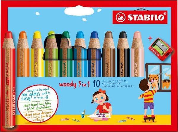 Produktbild: STABILO Buntstift, Wasserfarbe & Wachsmalkreide -  woody 3 in 1 - 10er Pack mit Spitzer - mit 10 verschiedenen Farben