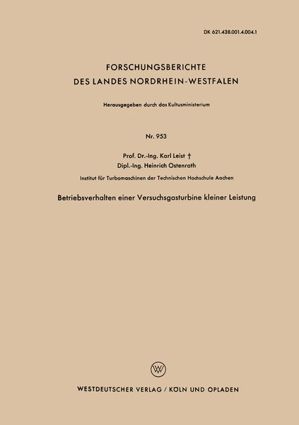 Produktbild: Betriebsverhalten einer Versuchsgasturbine kleiner Leistung