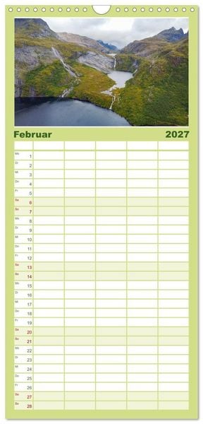 Produktbild: Familienplaner 2027 - Spektakul&auml;re Bergwelten Norwegen mit 5 Spalten (Wandkalender, 21 x 45 cm) CALVENDO