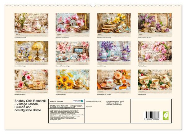 Produktbild: Shabby Chic Romantik - Vintage Tassen, Blumen und nostalgische Briefe (hochwertiger Premium Wandkalender 2026 DIN A2 quer), Kunstdruck in Hochglanz
