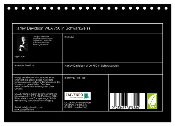 Produktbild: Harley Davidson WLA 750 in Schwarzweiss (Tischkalender 2026 DIN A5 quer), CALVENDO Monatskalender
