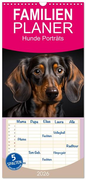 Produktbild: Familienplaner 2026 - Hunde Portr&auml;ts mit 5 Spalten (Wandkalender, 21 x 45 cm) CALVENDO