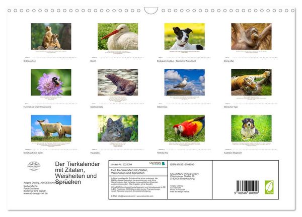 Produktbild: Der Tierkalender mit Zitaten, Weisheiten und Spr&uuml;chen (Wandkalender 2026 DIN A3 quer), CALVENDO Monatskalender