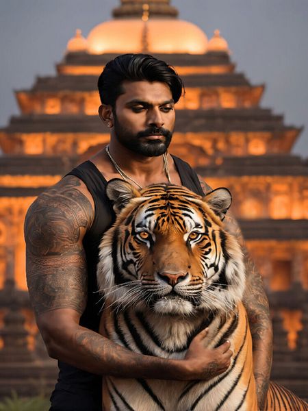 Produktbild: CALVENDO Puzzle Inder mit beeindruckendem Tiger vor beleuchtetem Tempel | 1000 Teile Lege-Gr&ouml;&szlig;e 64x48cm Foto-Puzzle f&uuml;r gl&uuml;ckliche Stunden