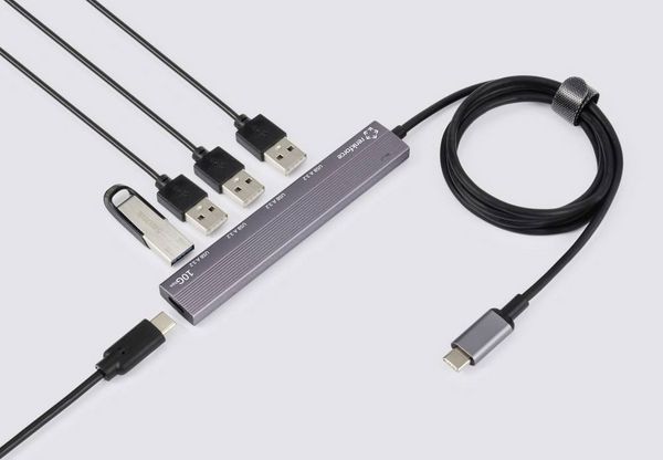 Produktbild: Renkforce RF-6700798 USB-Hub 4 Port USB-A USB 3.2 Gen2 10 GBit/s mit USB-C&reg; Stecker, mit Aluminiumgeh&auml;use, USB-C&reg; PD