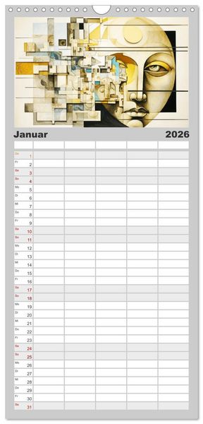 Produktbild: Familienplaner 2026 - Art Deco. Kubismus und surreal inspirierte Collagen mit 5 Spalten (Wandkalender, 21 x 45 cm) CALVENDO