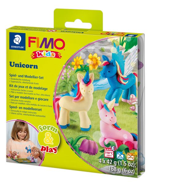 Produktbild: STAEDTLER FIMO kids 8034, ofenh&auml;rtende Modelliermasse, Set Unicorn mit 4 Bl&ouml;cken 42 g, Modellierstab