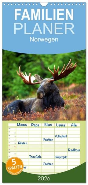 Produktbild: Familienplaner 2026 - Norwegen mit 5 Spalten (Wandkalender, 21 x 45 cm) CALVENDO
