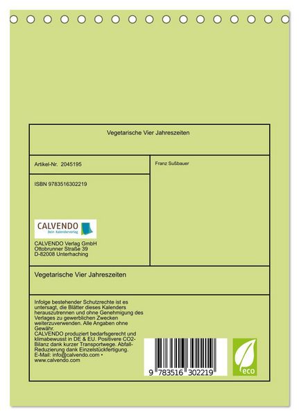 Produktbild: Vegetarische Vier Jahreszeiten (Tischkalender 2026 DIN A5 hoch), CALVENDO Monatskalender