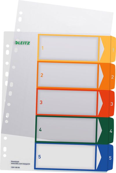 Produktbild: Leitz 12910000 Register DIN A4, Überbreite 1-5 Polypropylen Mehrfarbig 5 Registerblätter PC-beschriftbar 12910000