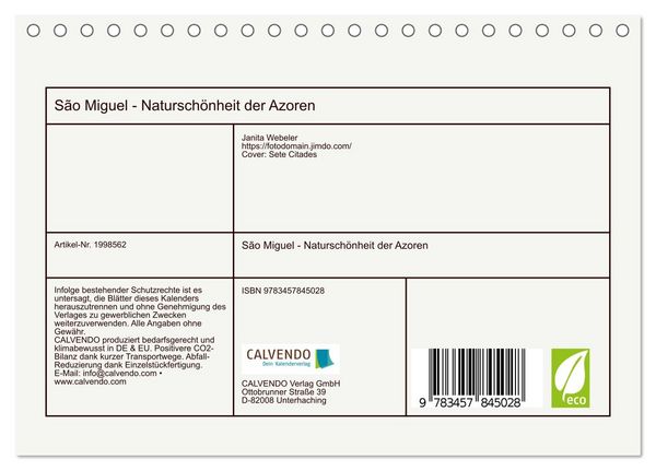Produktbild: S&atilde;o Miguel - Natursch&ouml;nheit der Azoren (Tischkalender 2026 DIN A5 quer), CALVENDO Monatskalender