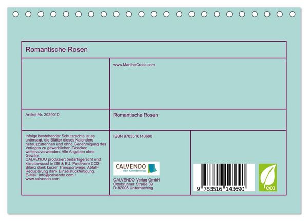 Produktbild: Romantische Rosen (Tischkalender 2026 DIN A5 quer), CALVENDO Monatskalender