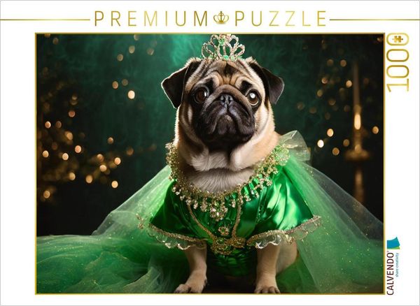 Produktbild: CALVENDO Puzzle Mops tr&auml;gt elegantes gr&uuml;nes Abendkleid mit Schmuck und Krone | 1000 Teile Lege-Gr&ouml;&szlig;e 64x48cm Foto-Puzzle f&uuml;r gl&uuml;ckliche Stunden