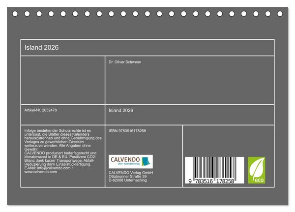 Produktbild: Island 2026 (Tischkalender 2026 DIN A5 quer), CALVENDO Monatskalender