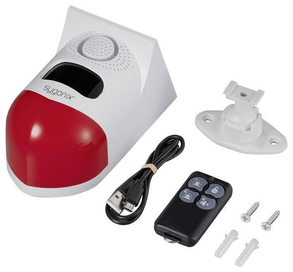 Produktbild: Sygonix Mini-Alarmanlage Wei&szlig;, Rot mit LED, mit Bewegungsmelder, mit Fernbedienung, mit Solar, mit WLAN 120 dB SY-6515320