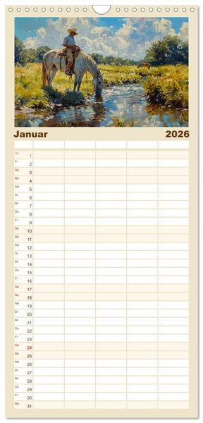 Produktbild: Familienplaner 2026 - Pferde, Staub und Freiheit mit 5 Spalten (Wandkalender, 21 x 45 cm) CALVENDO