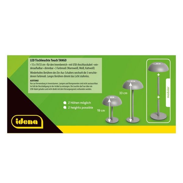 Produktbild: Idena LED Tischleuchte Touch Tango Metall grau 15x33cm Akku USB dimmbar 3 Modi Innen