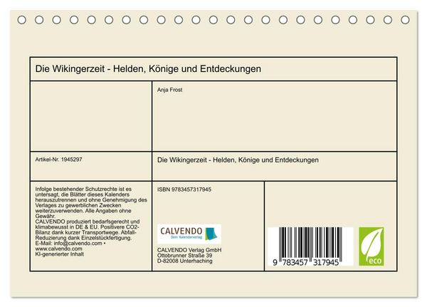 Produktbild: Die Wikingerzeit - Helden, K&ouml;nige und Entdeckungen (Tischkalender 2026 DIN A5 quer), CALVENDO Monatskalender