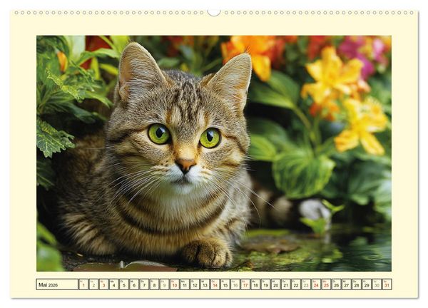 Produktbild: Geliebte Katzen. Unsere zauberhaften Hauskatzen im Garten (Wandkalender 2026 DIN A2 quer), CALVENDO Monatskalender