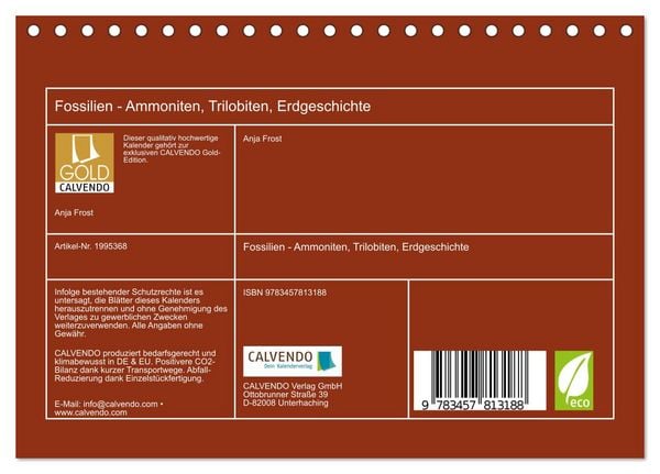 Produktbild: Fossilien - Ammoniten, Trilobiten, Erdgeschichte (Tischkalender 2026 DIN A5 quer), CALVENDO Monatskalender