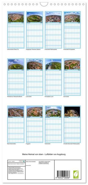 Produktbild: Familienplaner 2026 - Meine Heimat von oben - Luftbilder von Augsburg mit 5 Spalten (Wandkalender, 21 x 45 cm) CALVENDO