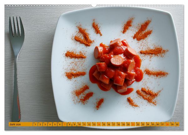 Produktbild: Currywurst Kalender - Das Berliner Kultgericht f&uuml;r Fleischliebhaber (hochwertiger Premium Wandkalender 2026 DIN A2 quer), Kunstdruck in Hochglanz