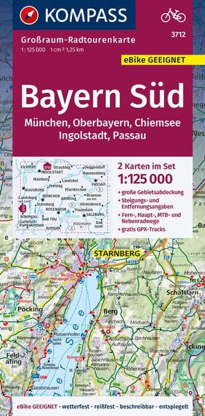 Produktbild: KOMPASS Gro&szlig;raum-Radtourenkarte 3712 Bayern S&uuml;d, Oberbayern, Chiemsee, Ingolstadt, Passau, M&uuml;nchen, 1:125.000
