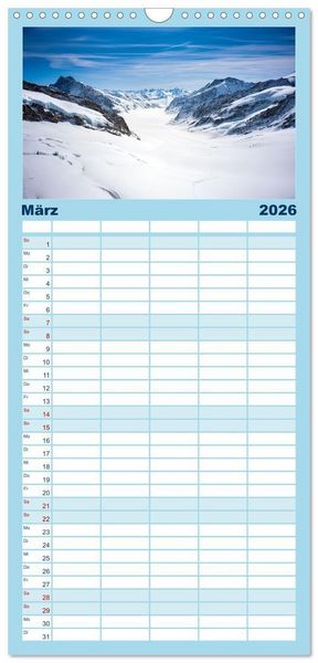 Produktbild: Familienplaner 2026 - Matterhorn - Eiger, M&ouml;nch und Jungfrau: Rund um die zeitlosen Gipfel mit 5 Spalten (Wandkalender, 21 x 45 cm) CALVENDO