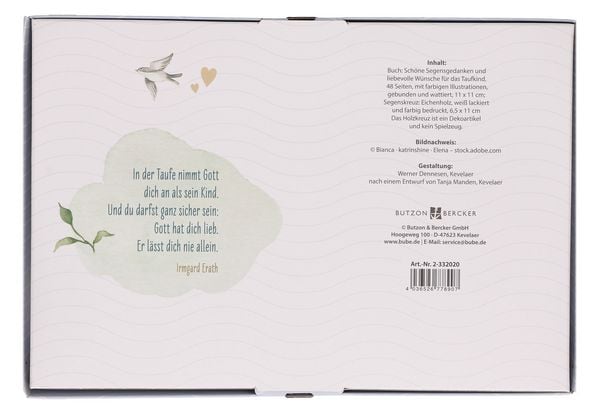 Produktbild: Butzon & Bercker Geschenkset zur Taufe 15 x 22 x 2 cm &ndash; Holzkreuz aus Buchenholz wei&szlig; lackiert mit Taufspruch, gebundenes Buch 11 x 11 cm, Lieferung in Geschenkverpackung