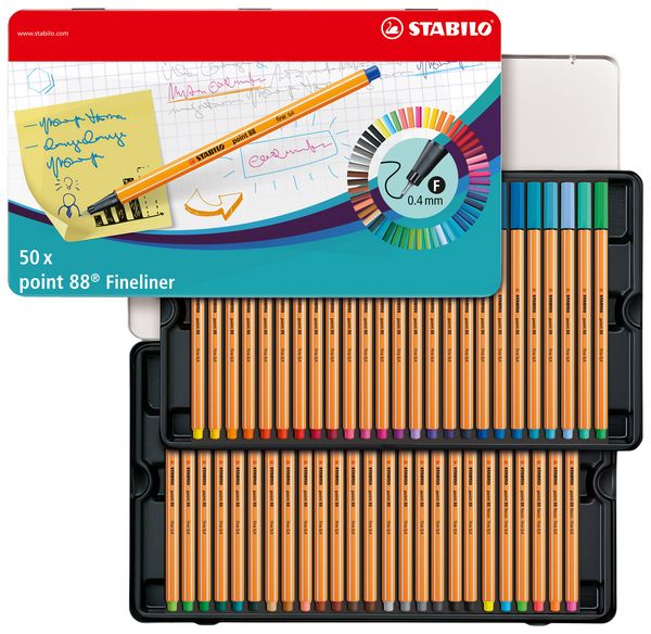 Produktbild: STABILO Fineliner -   point 88 - 50er Metalletui - mit 47 verschiedenen Farben - 2x blau, rot, schwarz